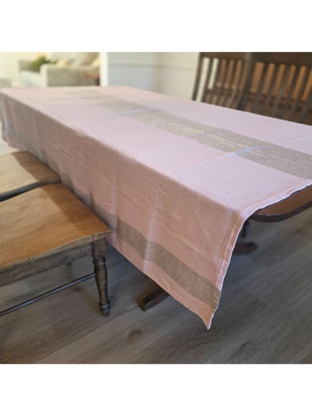 MCM 1950s Pink Woven Tablecloth & 6 Napkins Metallic Gray Accent Barbie Decor - Picture 8 of 10